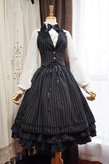 Black V Collar Stripe Print Classic College Style Elegant Lolita Vest - Product - 3