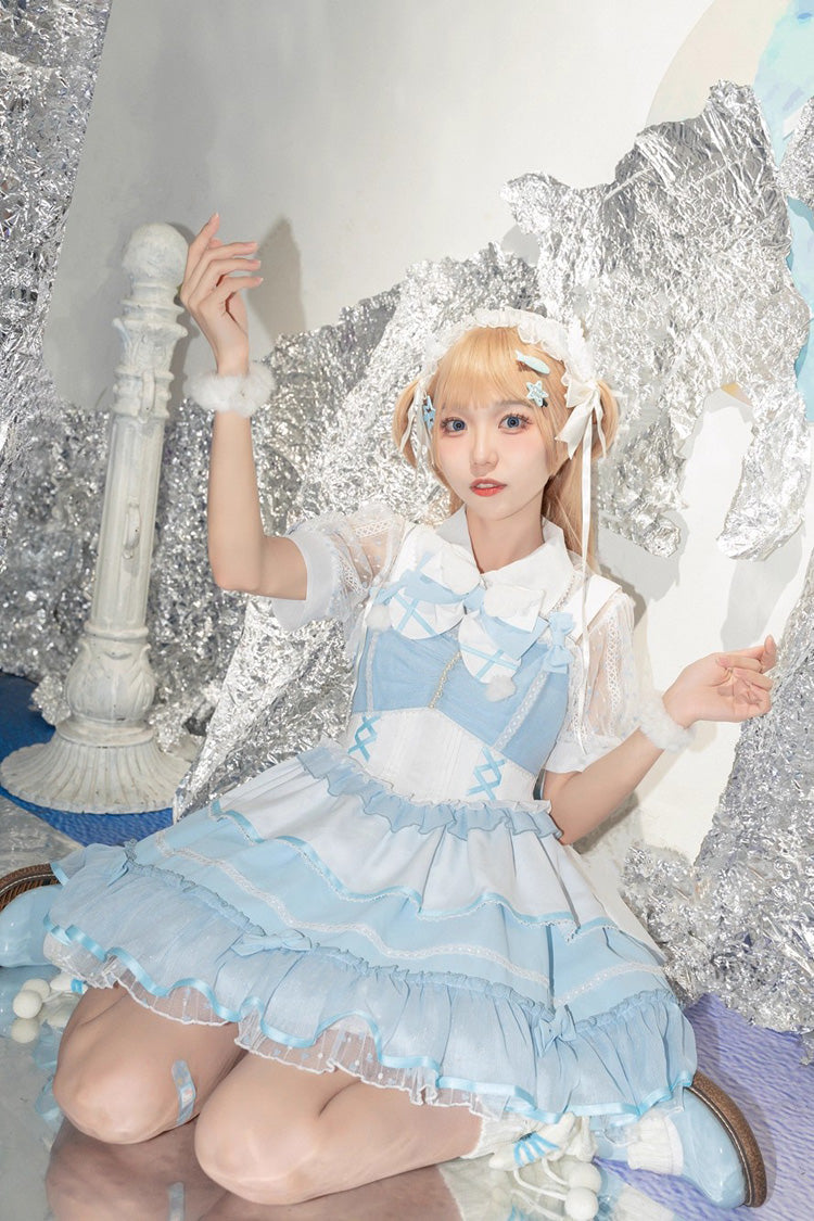 Blue/White [Cotton Cloud] Lapel Collar Ruffle Bowknot Lace-Up Sweet Lolita Jsk Dress - Product - 5
