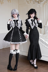 Black/White [Rose Doll] Square Collar Long Sleeves Bowknot Lace-Up Gothic Lolita Dress Set 2 Versions - Product - 3