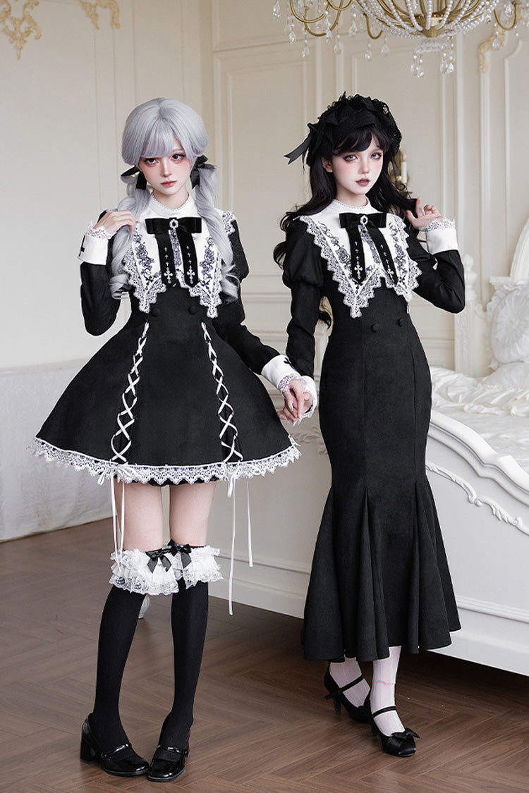 Black/White [Rose Doll] Square Collar Long Sleeves Bowknot Lace-Up Gothic Lolita Dress Set 2 Versions - Product - 3