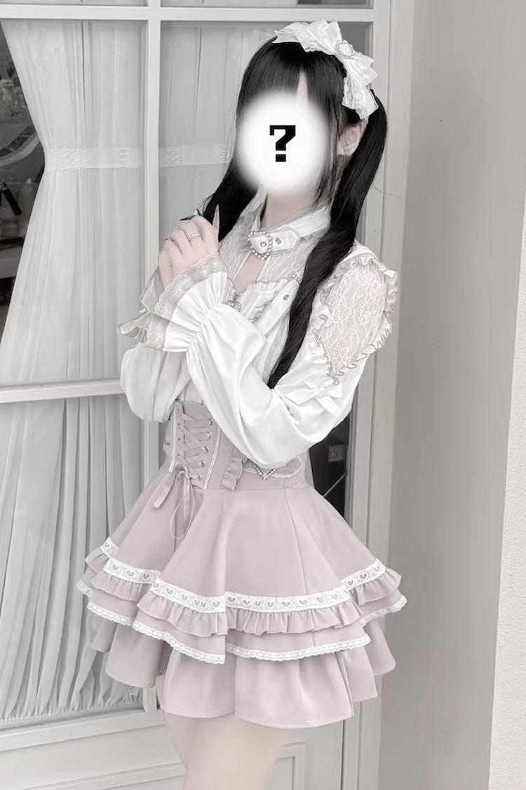 Jirai Kei [Heartbeat Buffy] Stand Collar Sleeveless Triple-Layered Ruffled Lace-Up Zippered Sweet Japanese Skirt and Blouse - Product - 4