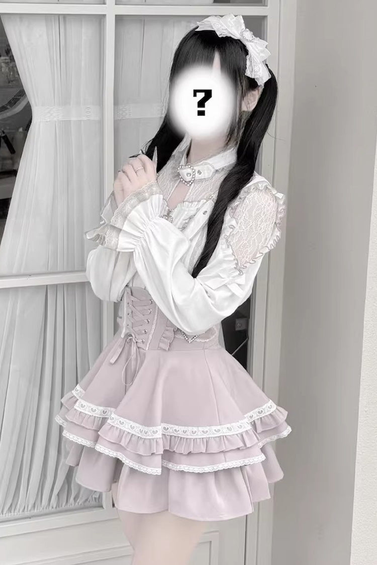 Jirai Kei [Heartbeat Buffy] Stand Collar Sleeveless Triple-Layered Ruffled Lace-Up Zippered Sweet Japanese Skirt and Blouse detail view 4