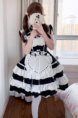 Black/White Love Double-Layered Ruffle Bowknot Sweet Plus Size Chinese Style Lolita Dress Full Set - Product - 6