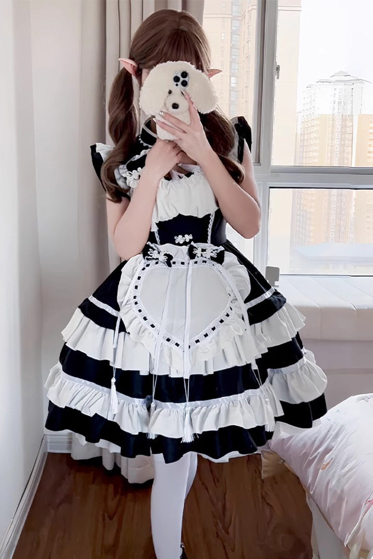 Black/White Love Double-Layered Ruffle Bowknot Sweet Plus Size Chinese Style Lolita Dress Full Set - Product - 6