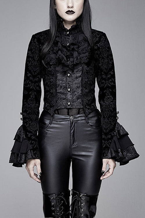 Black Gothic Lotus Leaf Corsage False Two Piece Womens Swallow Tailed Coats - Black - 1
