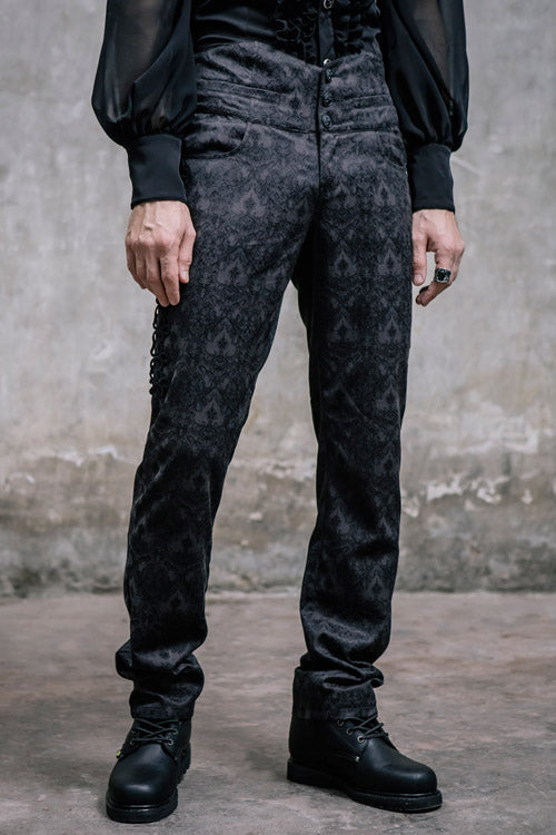 Black Side Discoid Flowers Back Waist Lace Up Gothic Jacquard Mens Pants - Product - 2