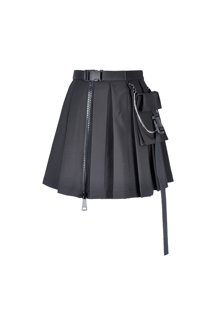 Black Zippered Pleated Women's Punk Casual Mini Skirt with Side Bag - Product - 3