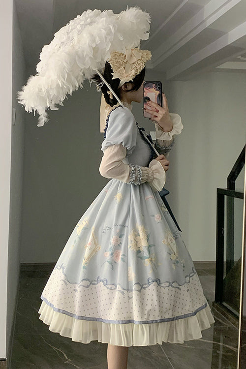Blue Ruffled Square Collar Floral Print Puff Long Sleeve High Waist Sweet Lolita OP Dress - Product - 3