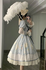 Blue Ruffled Square Collar Floral Print Puff Long Sleeve High Waist Sweet Lolita OP Dress - Product - 3