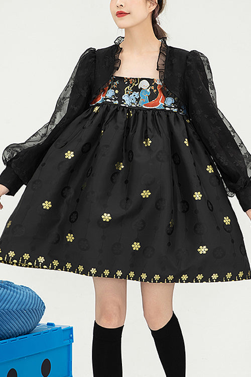 Black Square Neck Organza Print Ruffled Lantern Sleeves High Waisted Sweet Lolita OP Dress - Black - 1
