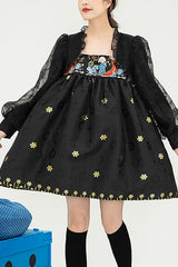 Black Square Neck Organza Print Ruffled Lantern Sleeves High Waisted Sweet Lolita OP Dress - Black - 1