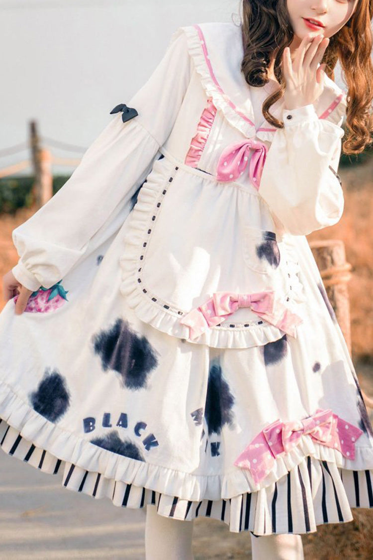 Doll Collar Lantern Long Sleeves Cow Printed Stitching Bowknot Ruffled Sweet Lolita Op Dress - White - 1