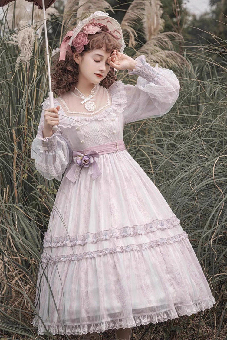 Light Purple Long Sleeves Ruffle Bowknot Lace Sweet Plus Size Elegant Lolita Dress - Light-Purple - 1