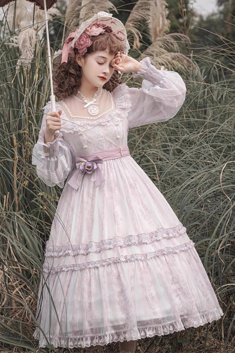 Light Purple Long Sleeves Ruffle Bowknot Lace Sweet Plus Size Elegant Lolita Dress - Light-Purple - 1