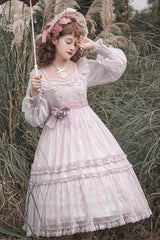 Light Purple Long Sleeves Ruffle Bowknot Lace Sweet Plus Size Elegant Lolita Dress - Light-Purple - 1