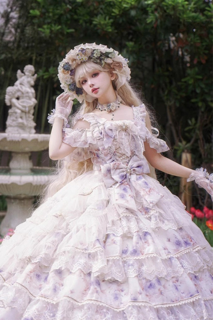 Blue [Rose Letter] Off Shoulder Triple-Layered Print Ruffle Hanayome Sweet Princess Lolita Dress - Product - 2