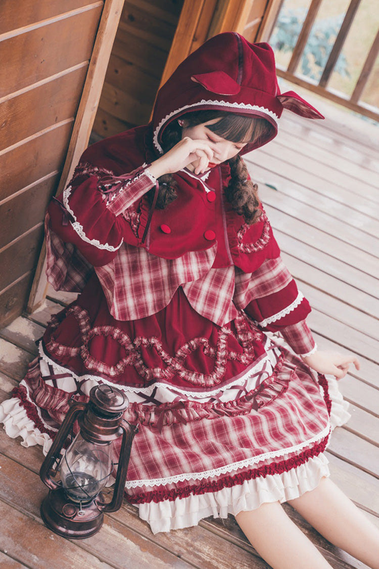 Red Retro Lantern Long Sleeves Plaid Stitching Bowknot Ruffled Tiered Sweet Lolita OP Dress - Product - 4