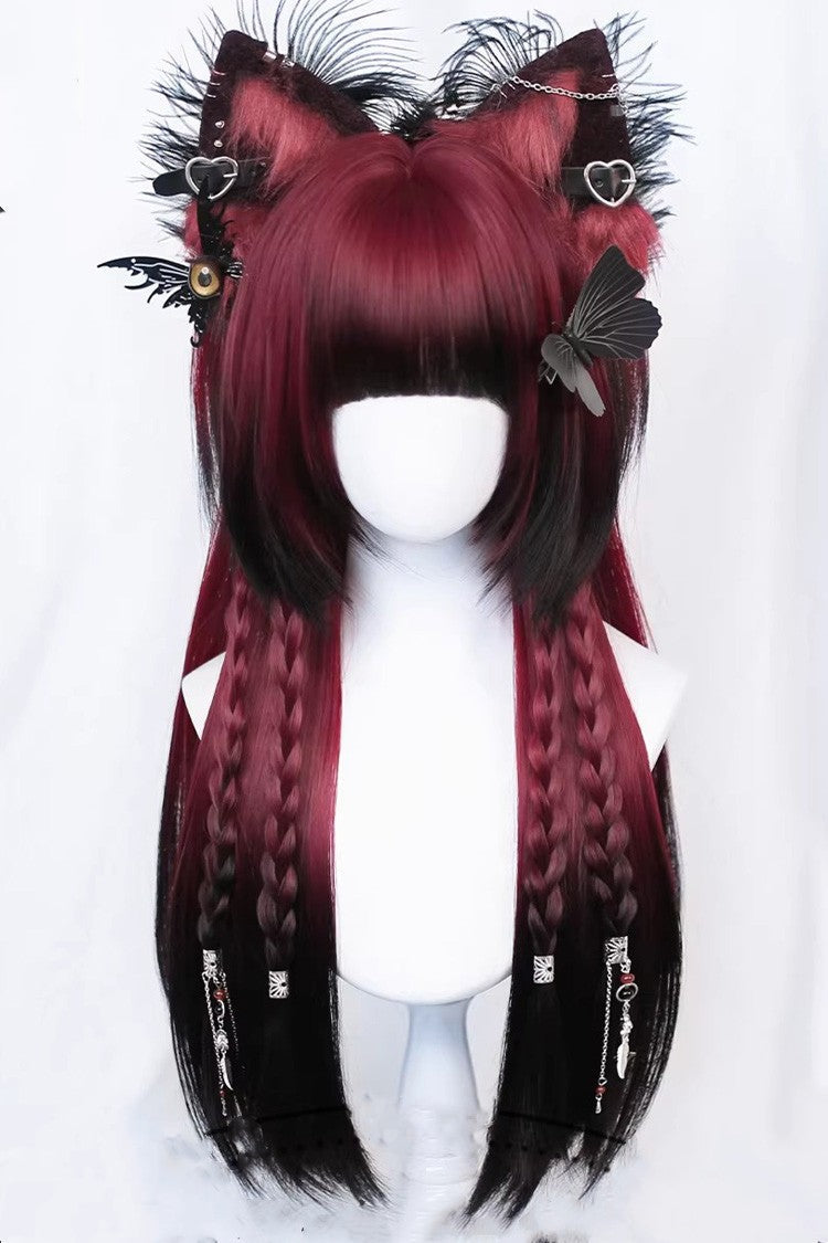 Burgundy/Black Ombre Gothic Sweet Lolita Long Straight Wig with Bangs - Burgundy/Black - 1