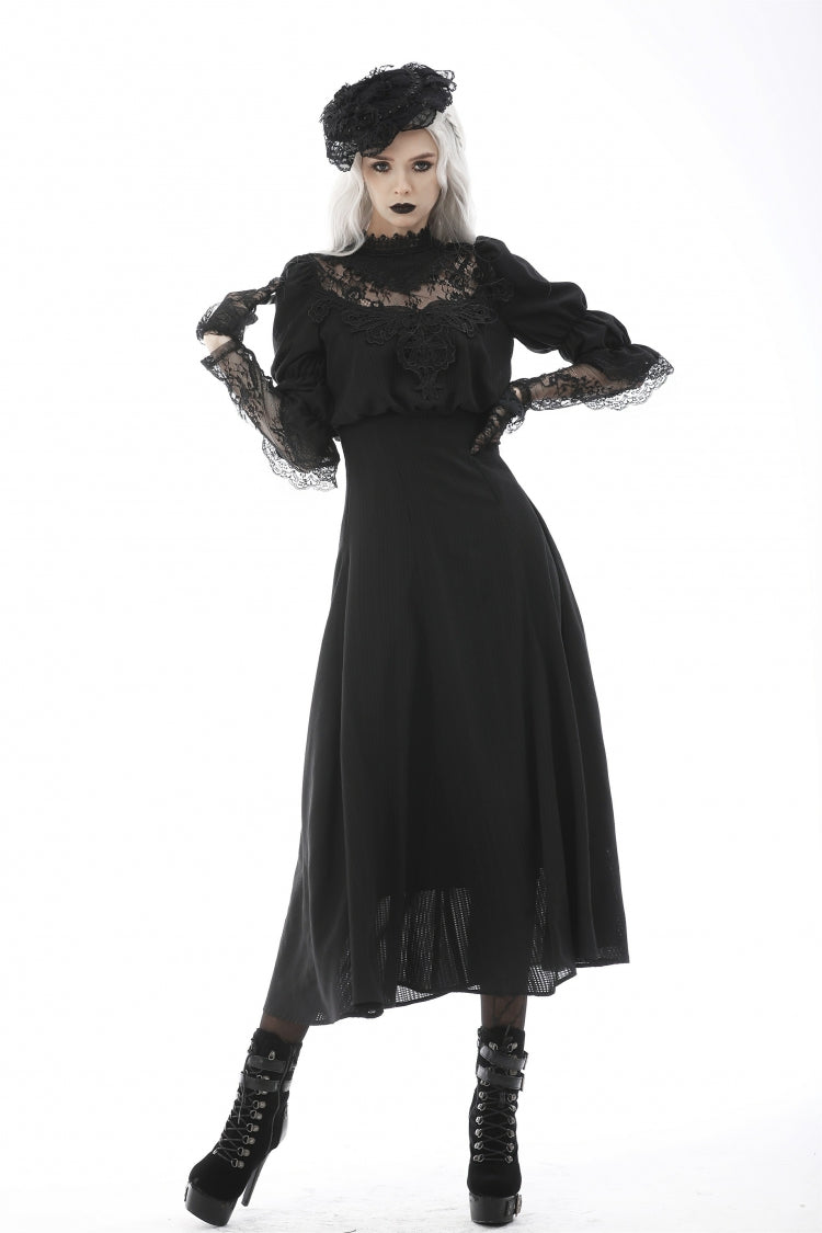 Black Stand Collar Cut-Out Half Sleeves Lace Spliced Women's Gothic Maxi Dress - Black - 1