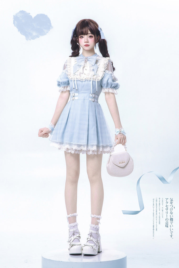 Blue/Aqua Short Sleeves Plaid Printed Ruffled Lace Sweet Jirai Kei Japanese Lolita Dress - Product - 6