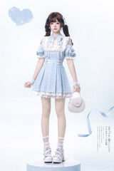 Blue/Aqua Short Sleeves Plaid Printed Ruffled Lace Sweet Jirai Kei Japanese Lolita Dress - Product - 6