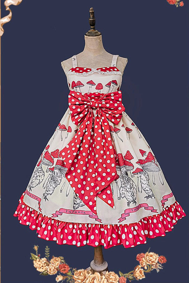 Cat Head Mushroom Print Ruffle Bowknot Sweet Lolita Dress 2 Colors - Apricot/Red - 11