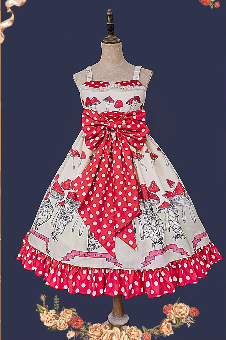 Cat Head Mushroom Print Ruffle Bowknot Sweet Lolita Dress 2 Colors - Apricot/Red - 11