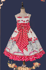Cat Head Mushroom Print Ruffle Bowknot Sweet Lolita Dress 2 Colors - Apricot/Red - 11