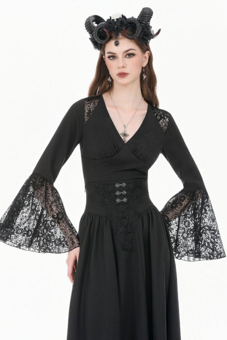 Black Women's Gothic High Waisted Embroidered Gathered Maxi Skirt - Product - 5