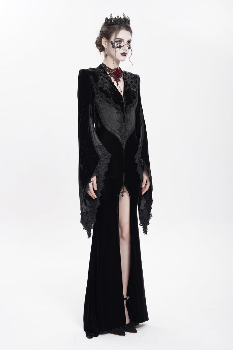 Black V Collar Long Trumpet Sleeves Floral Embroidered Velvet Women's Gothic Dress - Product - 8