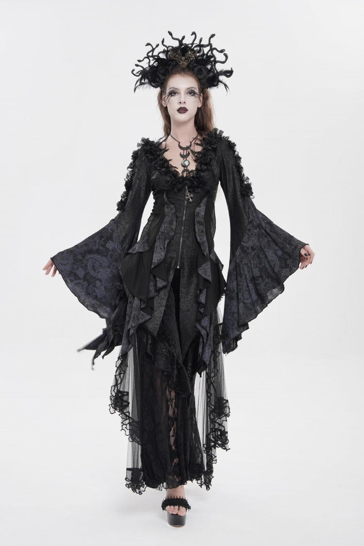 Black V Collar Long Trumpet Sleeves Printed Slim Women's Gothic Rose Feather Gorgeous Blouse - Black - 1