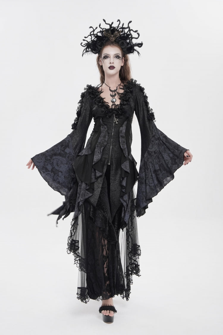 Black V Collar Long Trumpet Sleeves Printed Slim Women's Gothic Rose Feather Gorgeous Blouse - Black - 1