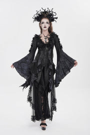 Black V Collar Long Trumpet Sleeves Printed Slim Women's Gothic Rose Feather Gorgeous Blouse - Black - 1