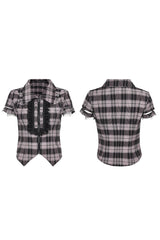 Women's Short Sleeves Plaid Print Hollow Lace Steampunk Blouse 2 Colors - Product - 9