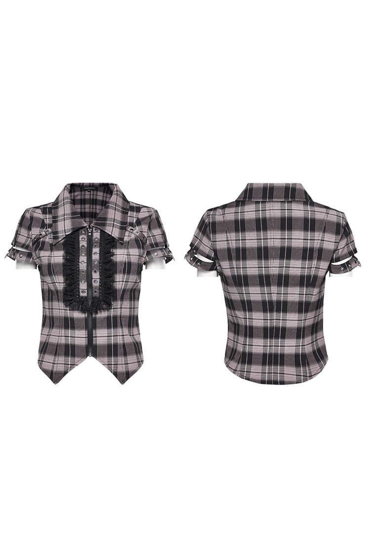 Women's Short Sleeves Plaid Print Hollow Lace Steampunk Blouse 2 Colors - Product - 9