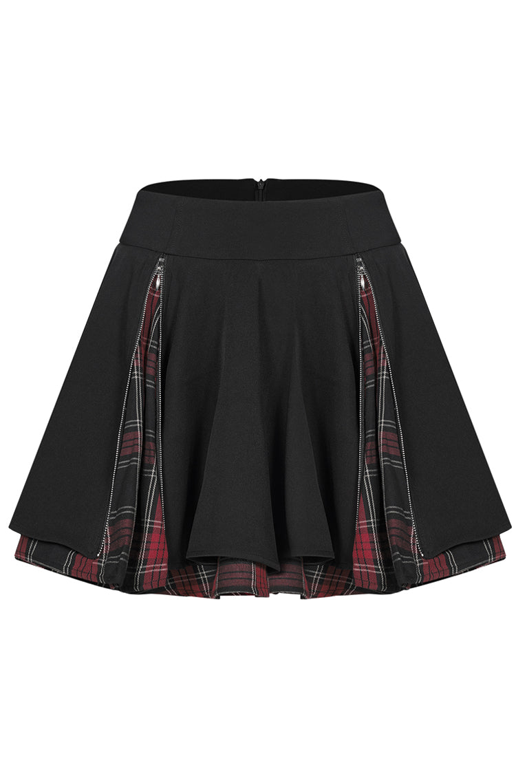 Black/Red Splice Plaid Metal Zipper Decoration Pleated Women's Punk Skirt - Product - 5