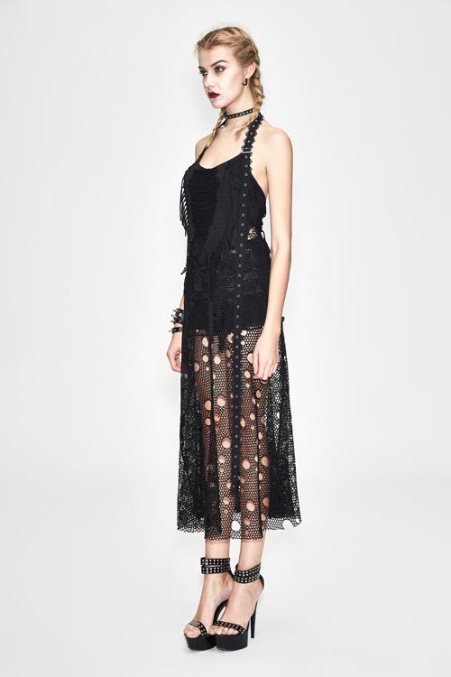 Black Punk Broken Holes Mesh Peplum Sexy Halter Womens Dress - Product - 3