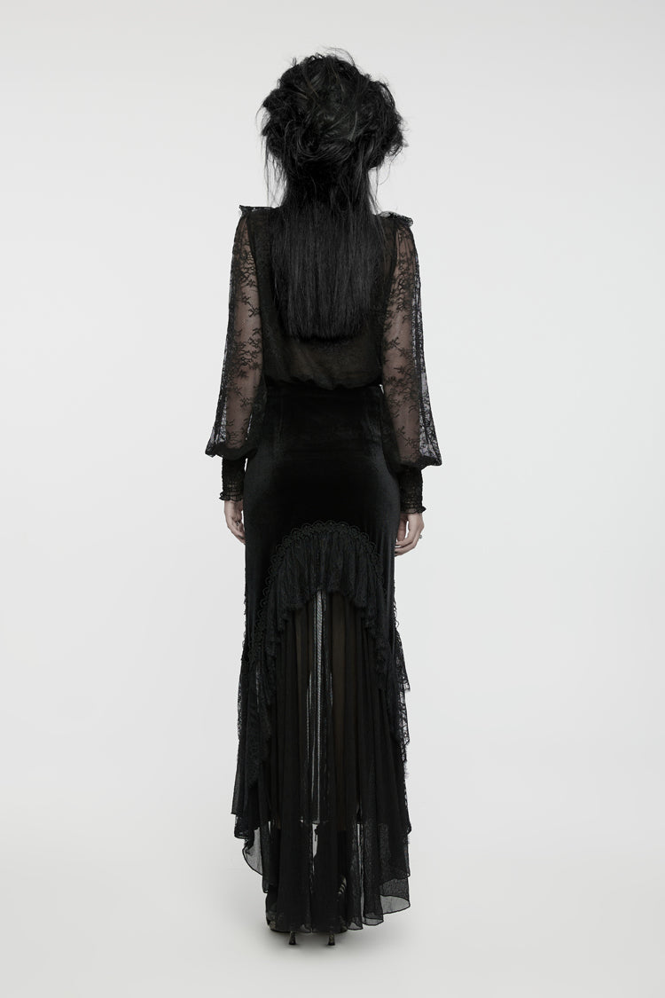 Black Round Collar Long Lantern Sleeves Ruffle Lace Women's Gothic Blouse - Product - 5
