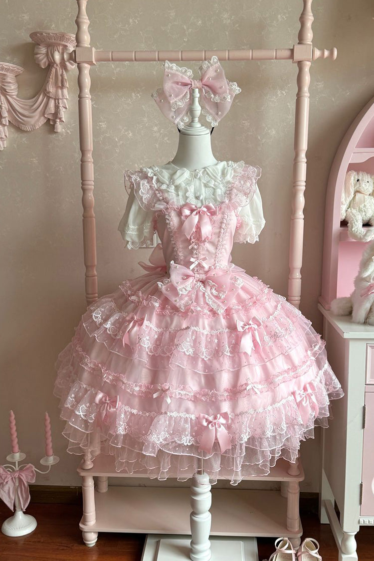 Pink [Lotus Butterfly Heart] Multi-Layered Ruffle Hanayome Bowknot Lace Sweet Lolita Jsk Dress - Product - 3