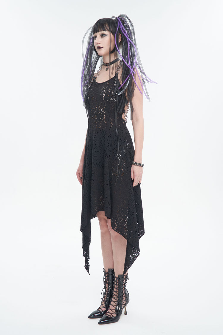 Black Irregular Pattern Wool Metal Chain Halter Neck Backless Women's Punk Dress - Product - 4