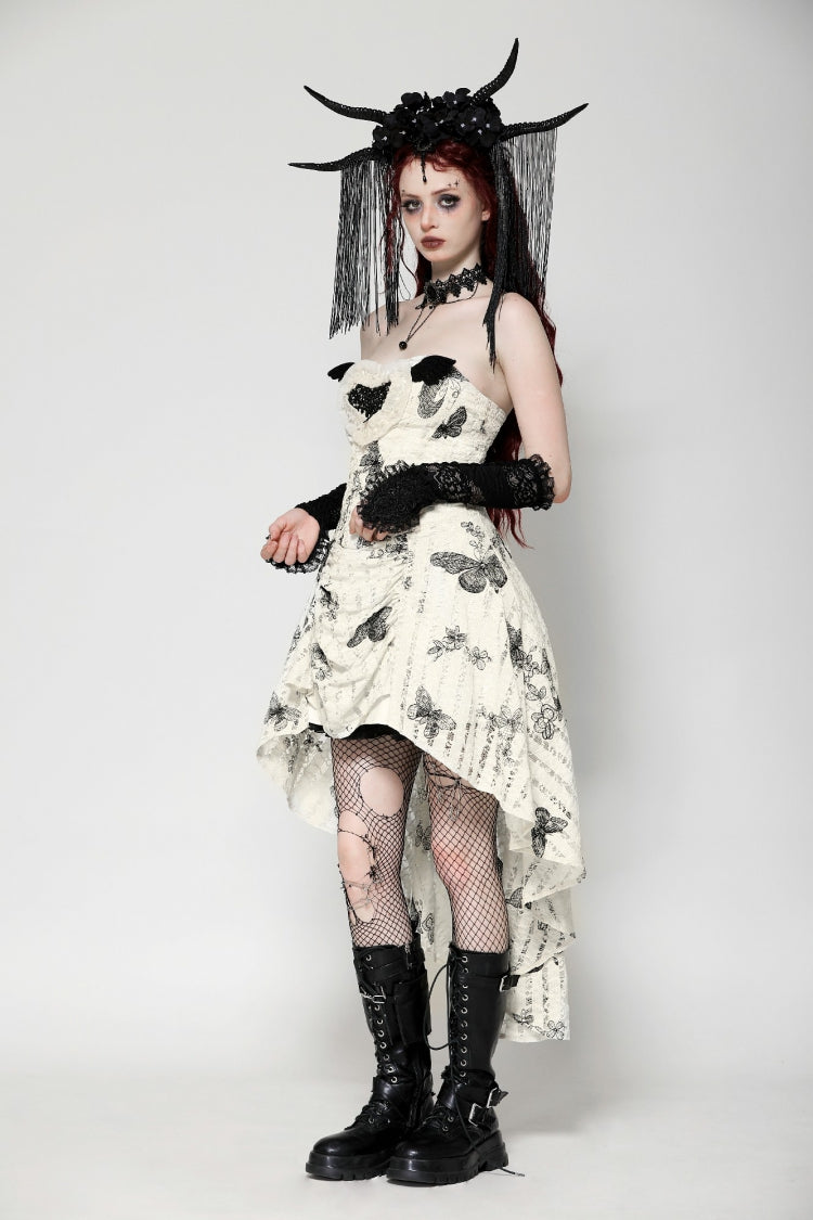 Black/White Butterfly Embroidered Lace-Up Women's Gothic High/Low Honeymoon Dress - Product - 8
