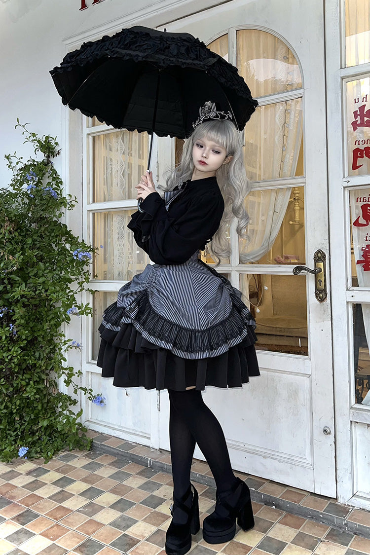 Black [Point Manor] Multi-Layered Striped Printed Ruffled Lifted Hem Bow Gothic Lolita Skirt - Product - 10