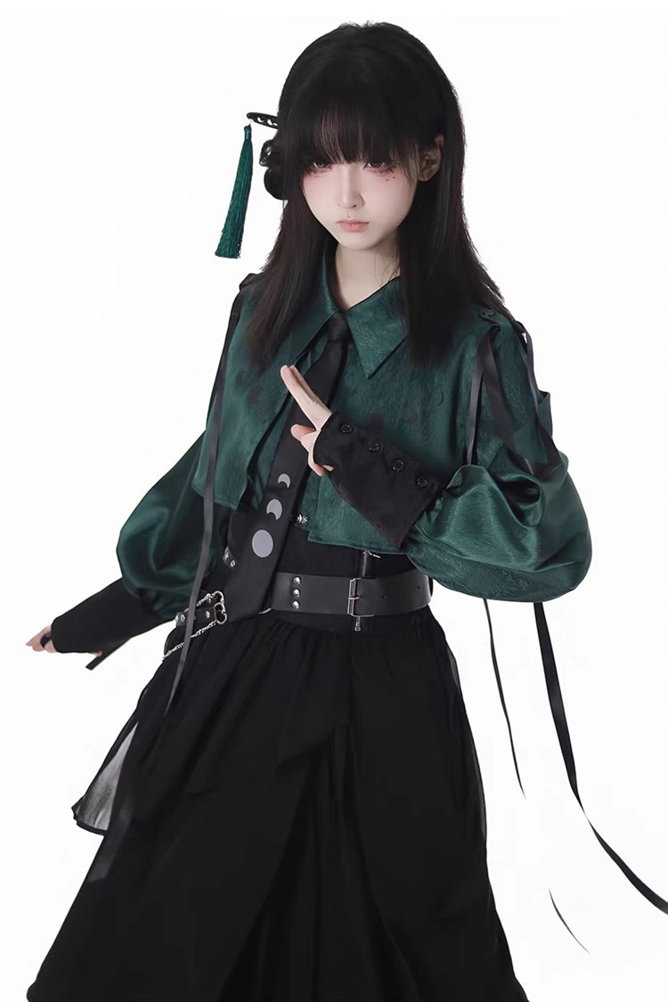 Green/Black [Moonlight Flowing] Long/Short Sleeves Ruffled Asymmetric Gothic Jirai Kei Skirt Set - Product - 7