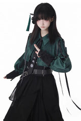 Green/Black [Moonlight Flowing] Long/Short Sleeves Ruffled Asymmetric Gothic Jirai Kei Skirt Set - Product - 7