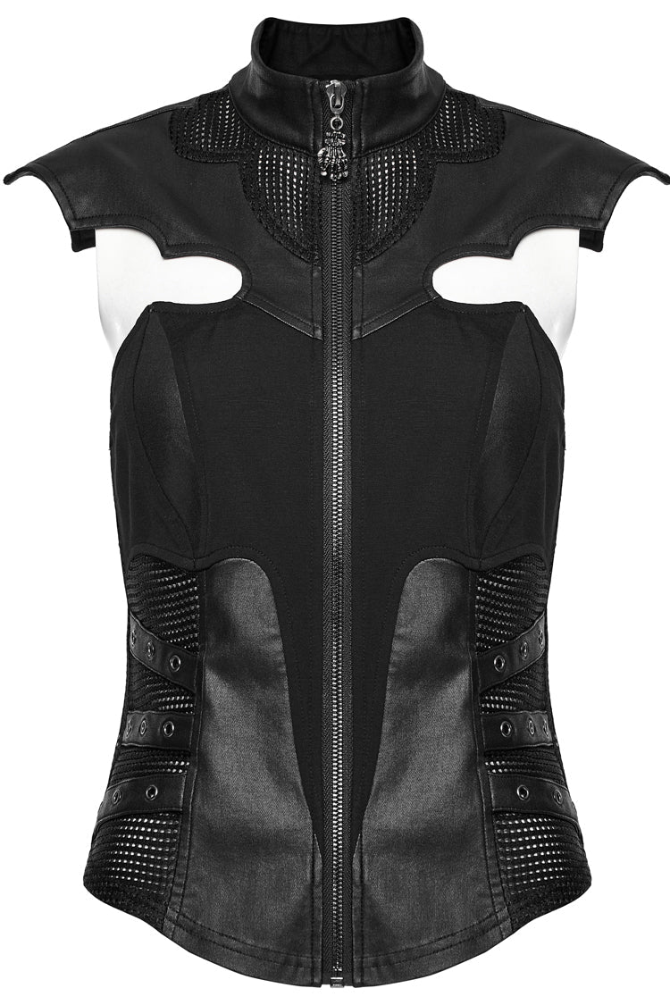 Black Sleeveless Hollow Stretch Knitted Stitching Womens Bat Wings Steampunk Vest - Product - 7