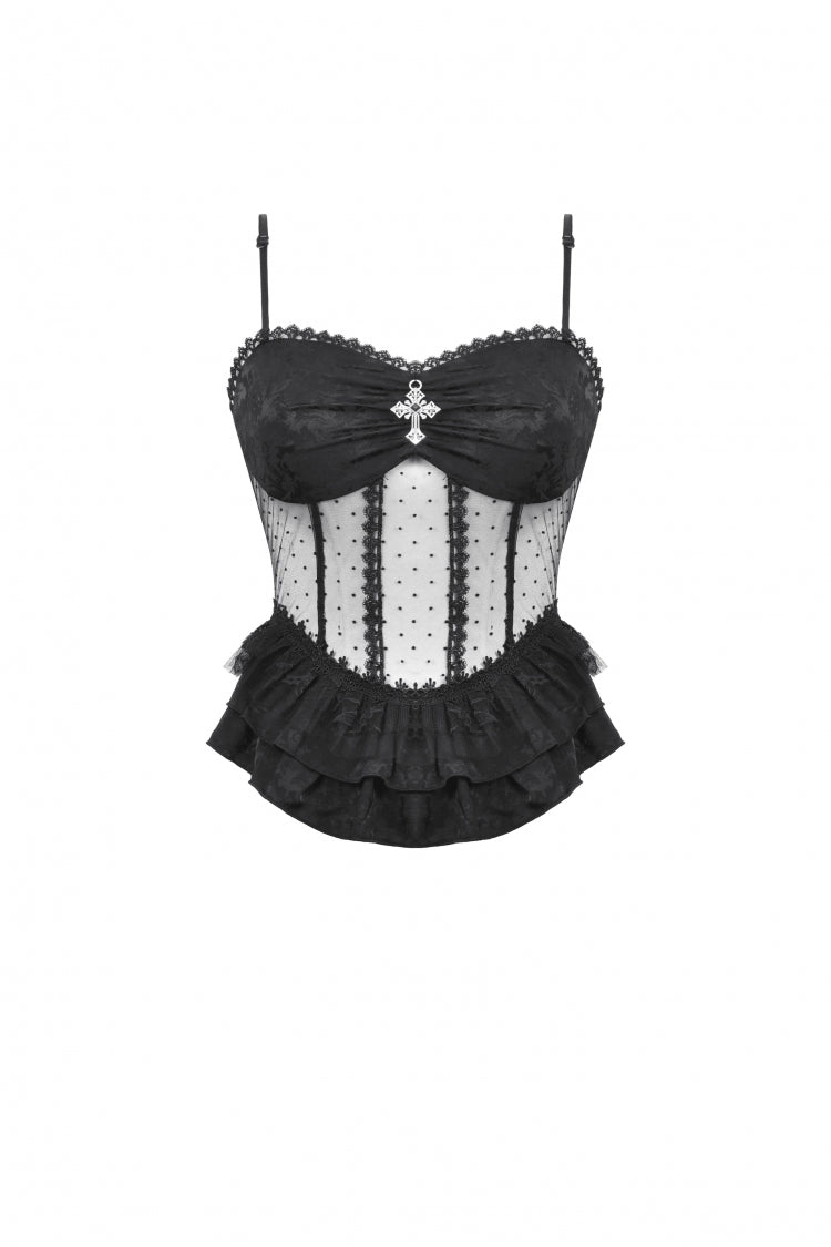 Black Spaghetti Straps Sheer Double-Layered Ruffled Lace Women's Gothic Top - Product - 3