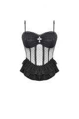 Black Spaghetti Straps Sheer Double-Layered Ruffled Lace Women's Gothic Top - Product - 3