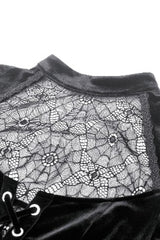 Black Long Trumpet Sleeves Spliced Lace-Up Spider Mesh Women's Gothic Velvet Wedding Dress - Product - 13