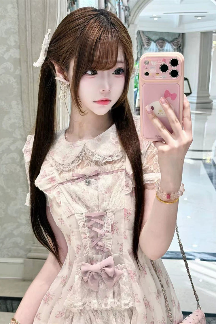 [Rose Letter] Peter Pan Collar Short Sleeves Double-Layered Printed Ruffled Open-Front Lace-Up Sweet Jirai Kei Dress Set 2 Colors - Product - 3
