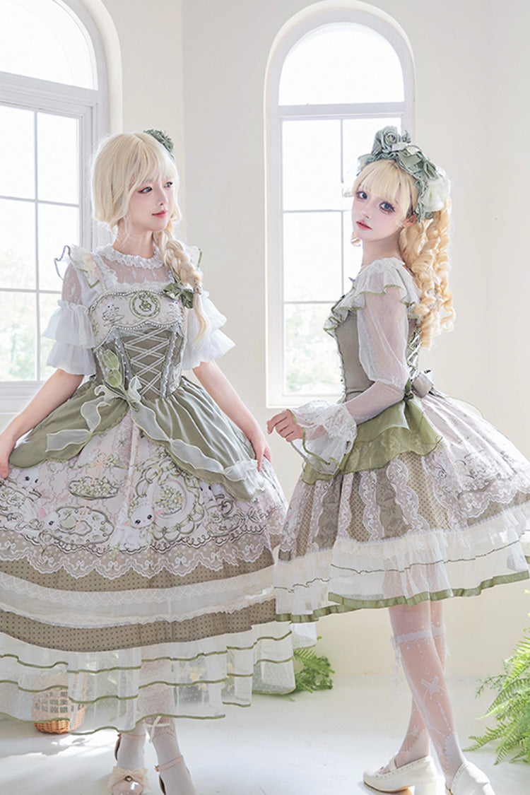 Green [Teacup Rabbit] Multi-Layered Print Ruffle Embroidery Bowknot Lace Asymmetric Sweet Elegant Lolita Jsk Dress - Product - 8